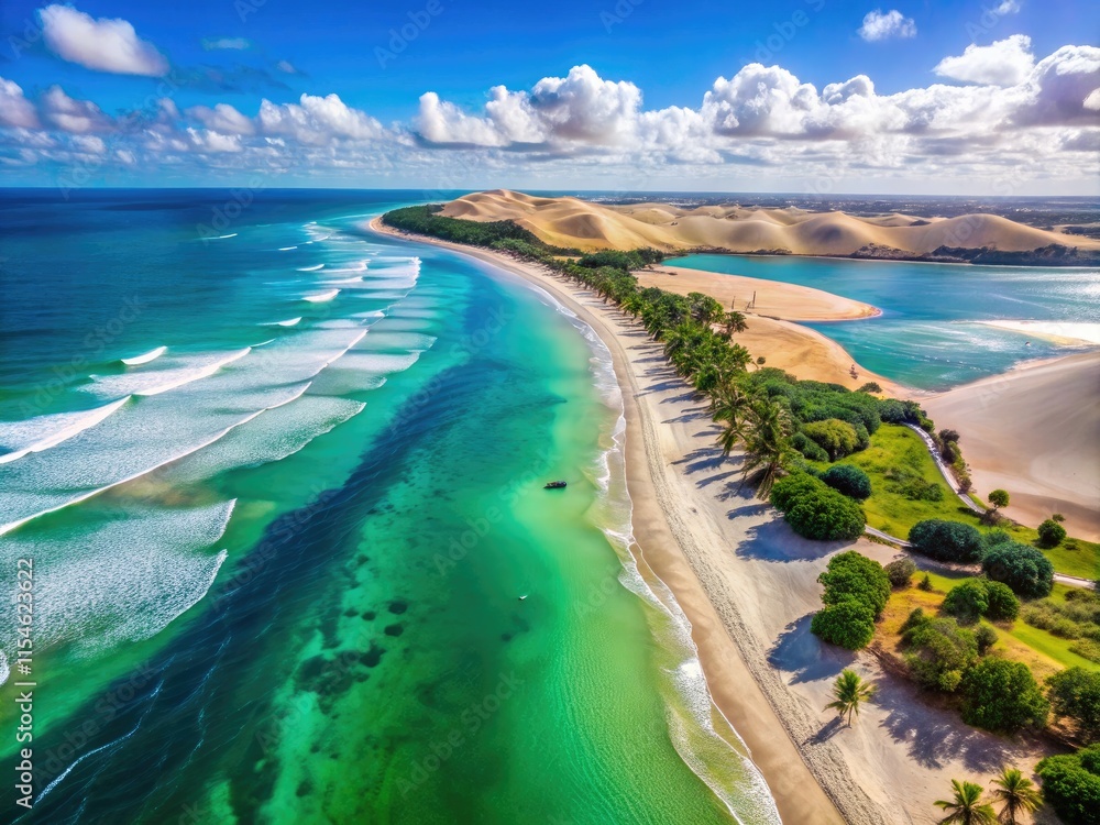 Fototapeta premium Jericoacoara: Aerial drone photography reveals a Brazilian paradise of idyllic beaches, sparkling lagoons, and dramatic dunes.