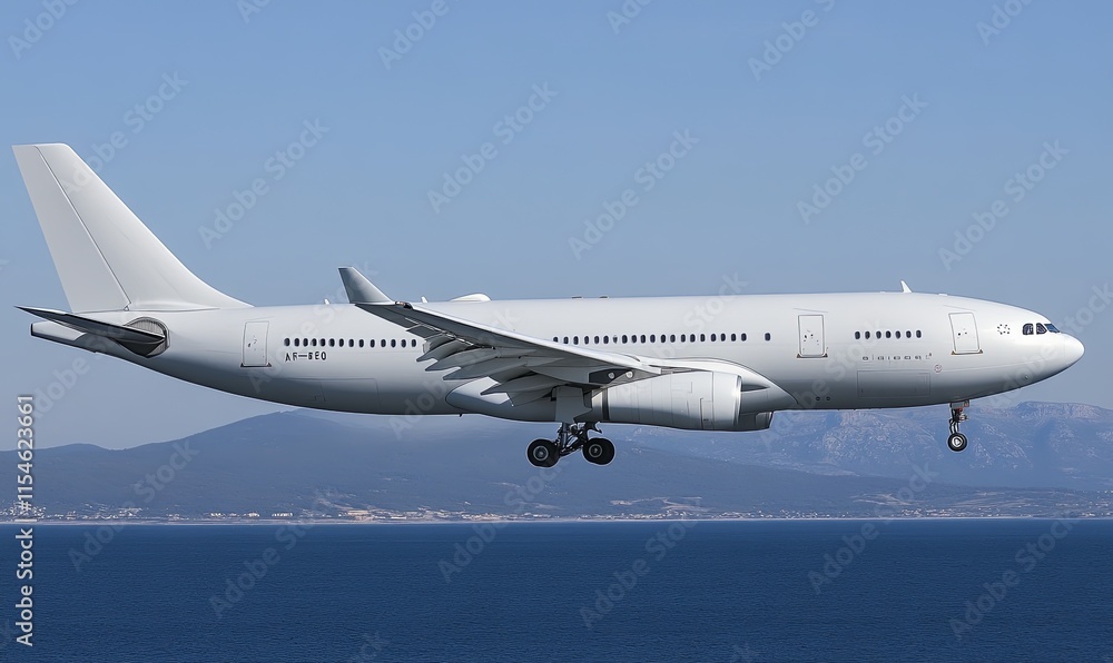 White passenger airplane in flight over ocean and mountains. White passenger airplane in flight over ocean and mountains.