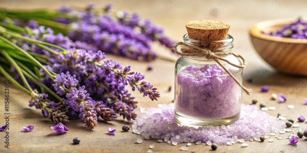 Lavender, sea salt, and delicate blooms create a tranquil spa scene. Lavender, sea salt, and delicate blooms create a tranquil spa scene.