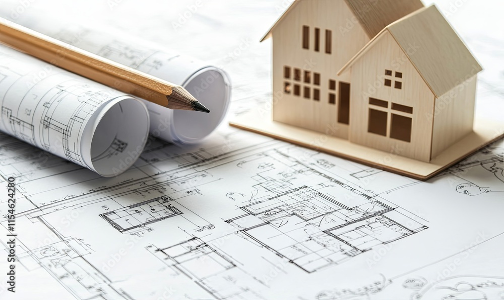 Wooden house model rests on architectural blueprints with pencil. Wooden house model rests on architectural blueprints with pencil.