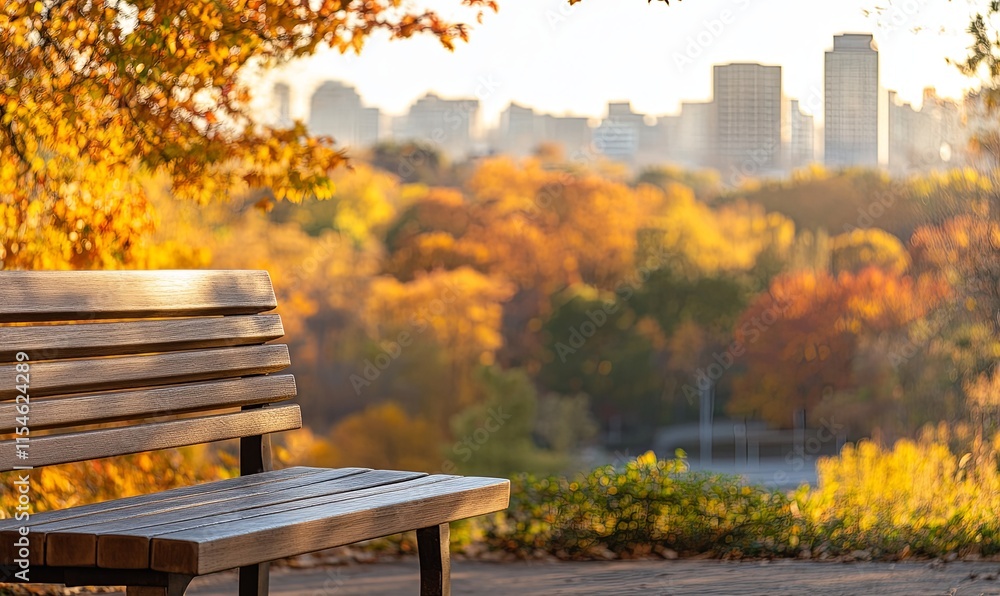 Naklejka premium Wooden park bench overlooking autumnal cityscape.