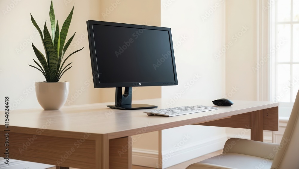 Modern Home Office Setup With Plant And Computer Modern Home Office Setup With Plant And Computer