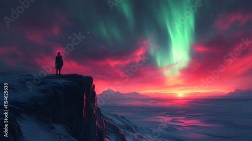 Person silhouetted against vibrant aurora borealis and sunset. (1)