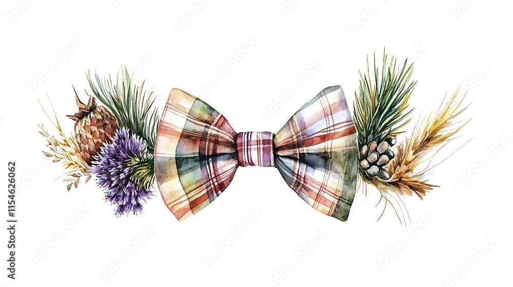 Naklejka premium Plaid bow tie with pine, thistle, wheat.