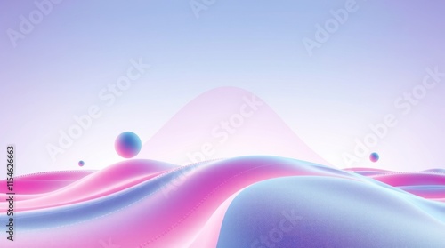 A serene abstract landscape with flowing waves and spheres in soft pastel colors.