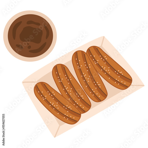 Churros Pile In Paper Box With Bowl of Chocolate Sauce