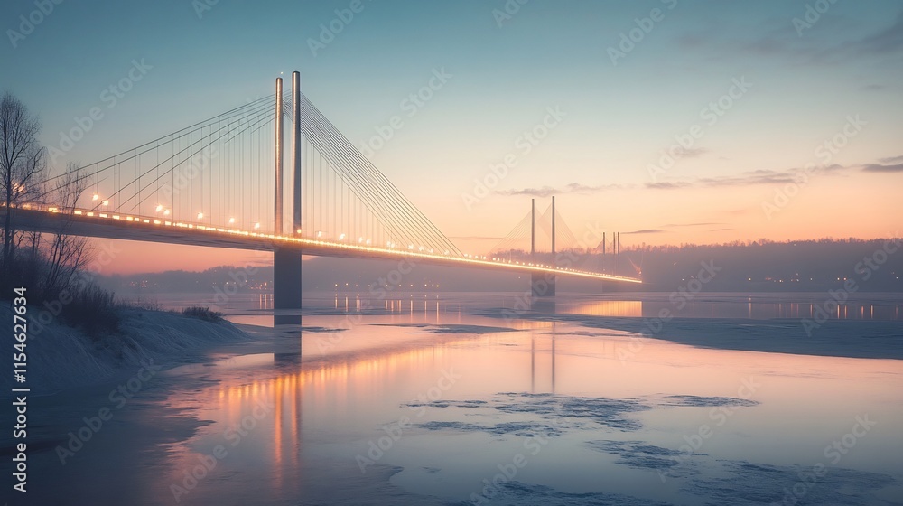 Fototapeta premium Illuminated Cable-Stayed Bridge at Sunset over a Frozen River