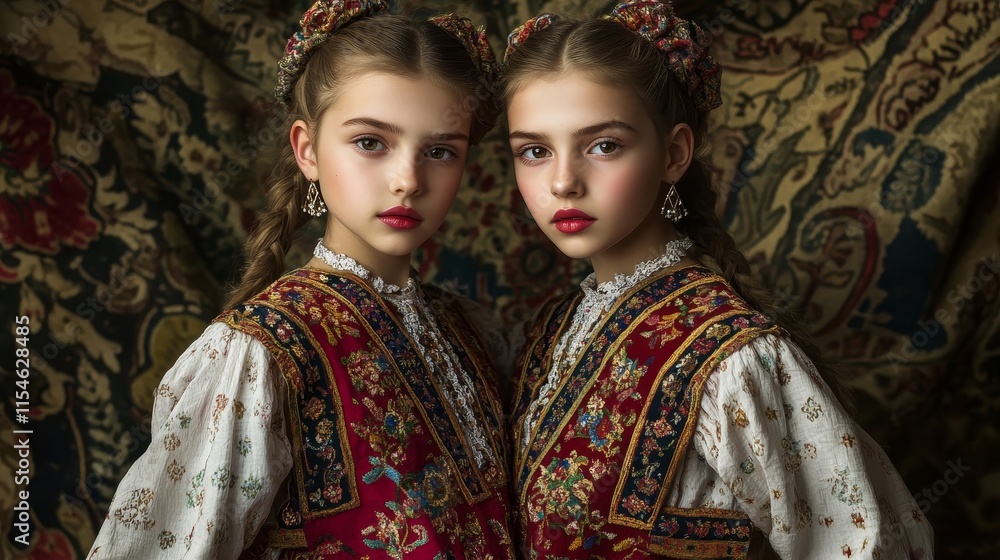 Symmetrical Elegance: Serbian Twin Models in Vibrant Balkan Clothing with Intricate Embroidered Patterns Symmetrical Elegance: Serbian Twin Models in Vibrant Balkan Clothing with Intricate Embroidered Patterns