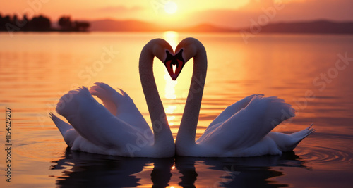 Fototapeta Naklejka Na Ścianę i Meble -  Two swans making a heart, Sunset landscape