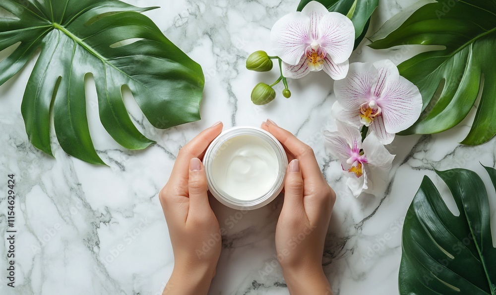 Hands holding a cream jar surrounded by tropical leaves and orchids. Hands holding a cream jar surrounded by tropical leaves and orchids.