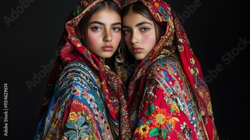 Reflections of Elegance: Afghan Twin Models in Vibrant Khet Partug Outfits Strike Mirrored Poses for High-Fashion Editorial photo