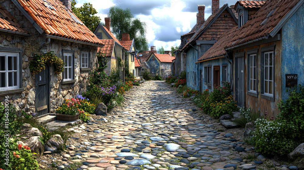 Obraz premium Cobblestone street in quaint village with colorful houses and flowers.