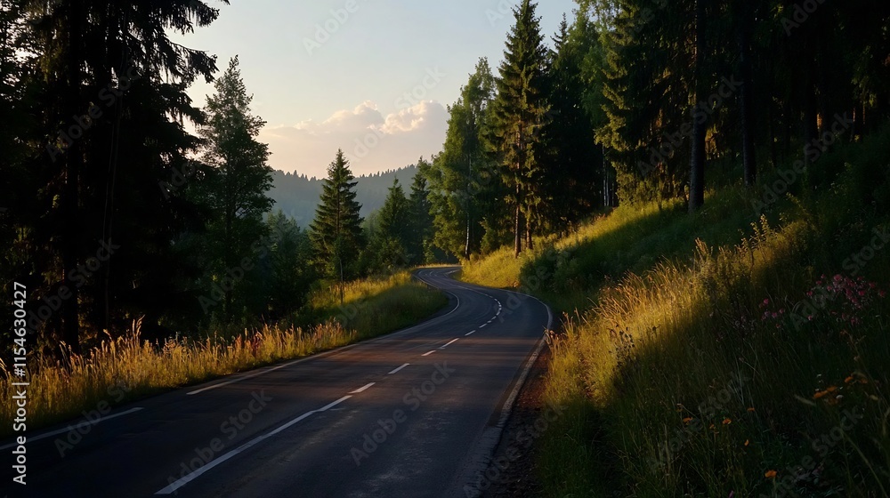 Naklejka premium Scenic Winding Road Through a Lush Green Forest at Sunset