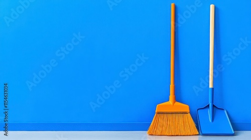 Bright blue wall with cleaning tools, featuring an orange broom and a blue shovel, showcasing a clean and organized space.
