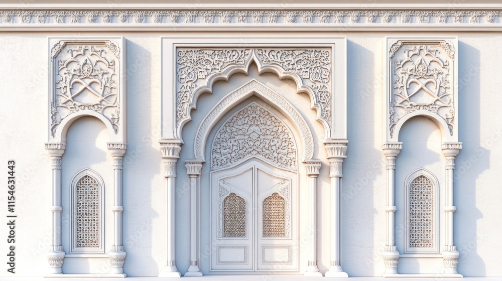 Obraz premium Intricate Islamic architecture, arched doorway, detailed carvings, white wall.
