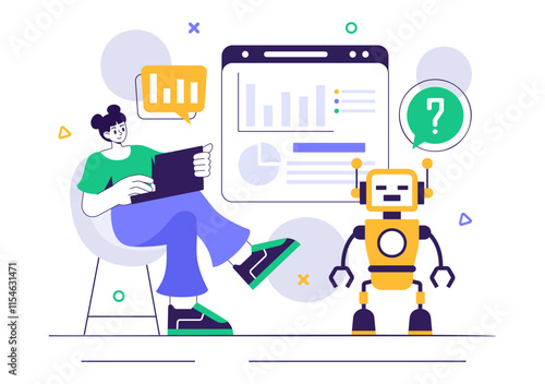 Machine Learning Vector Illustration featuring Artificial Intelligence Jobs, Scientists Working with Big Data and Technology Engineers in a Background