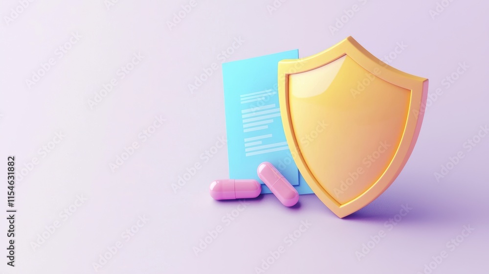 Security shield icon with documents and pills digital design Security shield icon with documents and pills digital design