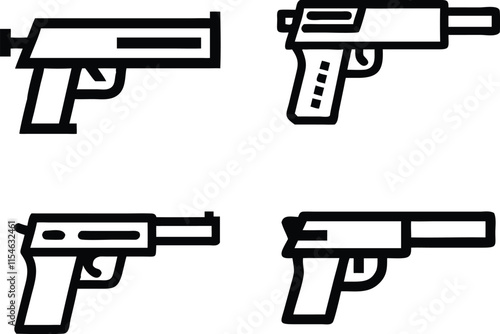 Graphic black detailed silhouette pistols, revolvers and shotguns Isolated on white background 