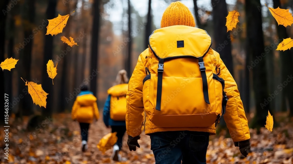 Three friends exploring a vibrant autumn forest path surrounded by falling orange leaves and golden foliage Three friends exploring a vibrant autumn forest path surrounded by falling orange leaves and golden foliage