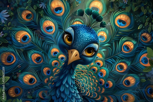 Cartoon peacock displaying vibrant plumage.