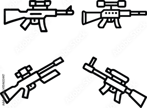 Graphic black detailed silhouette sniper rifle and shotguns Isolated on white background 