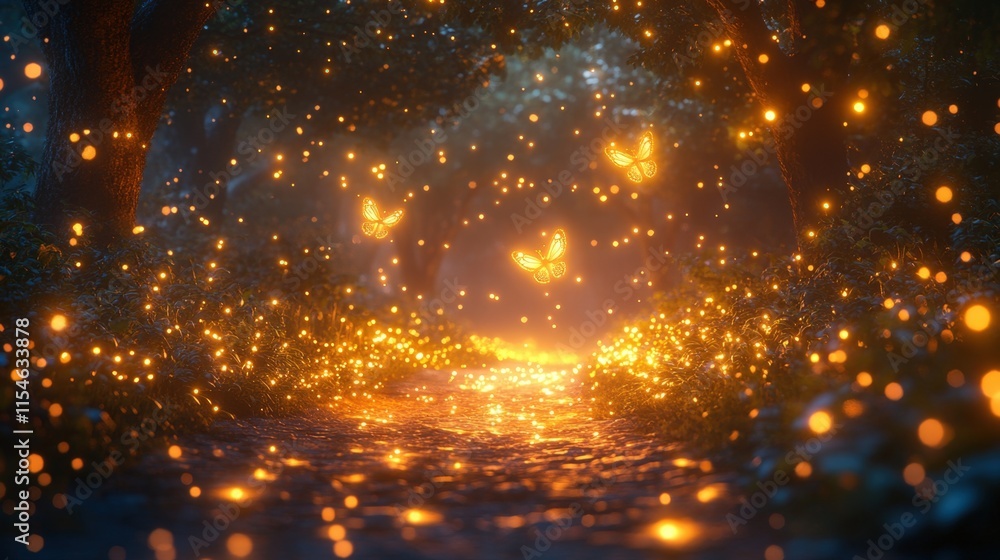Naklejka premium Magical forest path with glowing fireflies and butterflies at night.