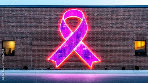 Vibrant illuminated purple ribbon on a brick wall symbolizing awareness and support for various causes, creating a striking visual impact. photo