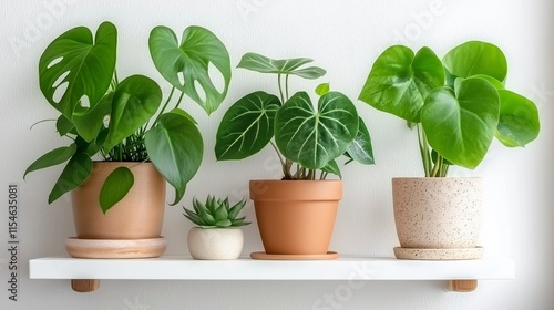 Wallpaper Mural Modern Indoor Plant Display on a White Shelf Featuring Various Green Foliage Plants for a Fresh and Inviting Atmosphere in Home Decor Torontodigital.ca