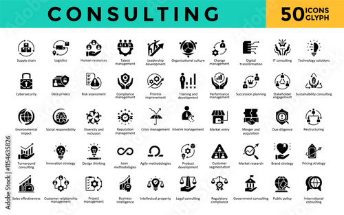 Consulting icons set with supply chain, logistics, human resources, talent management, leadership development, organizational culture, change management icon. Simple glyph vector 
