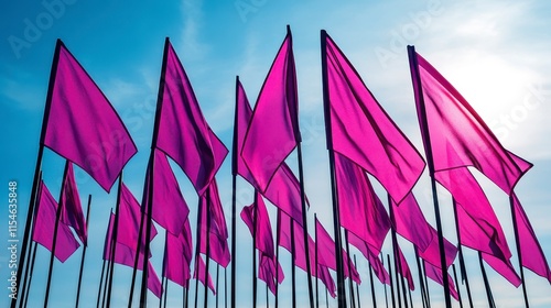 A vibrant display of purple flags waving against a clear blue sky, creating a striking visual impact with sunlight behind them. photo