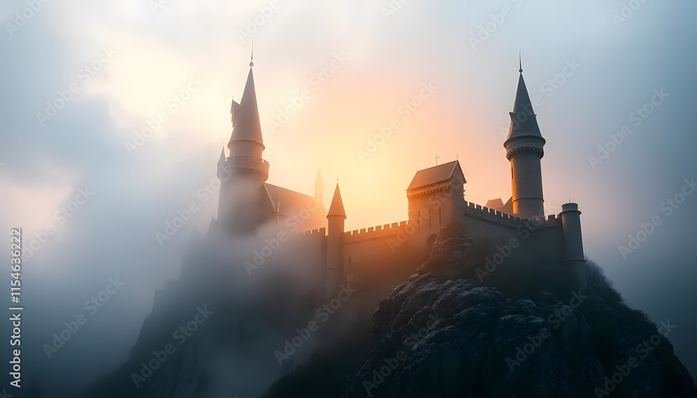 Naklejka premium Enchanted Castle in Misty Sunrise