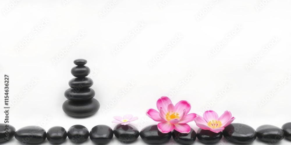 Spa stones and pink flowers on black background with water, white sheet of paper in middle, relaxation, wellness, harmony