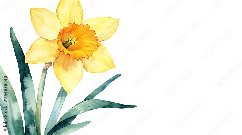 Fototapeta premium Watercolor painting of a yellow daffodil flower with green leaves on white background.