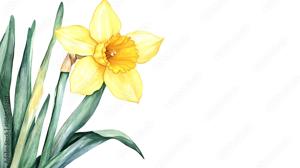 Obraz premium Watercolor painting of a yellow daffodil with green leaves on white background.