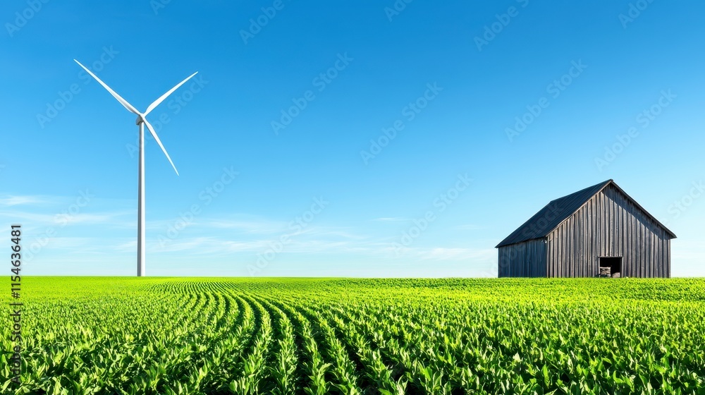 A tranquil rural landscape featuring a modern wind turbine beside a charming old barn surrounded by green fields A tranquil rural landscape featuring a modern wind turbine beside a charming old barn surrounded by green fields