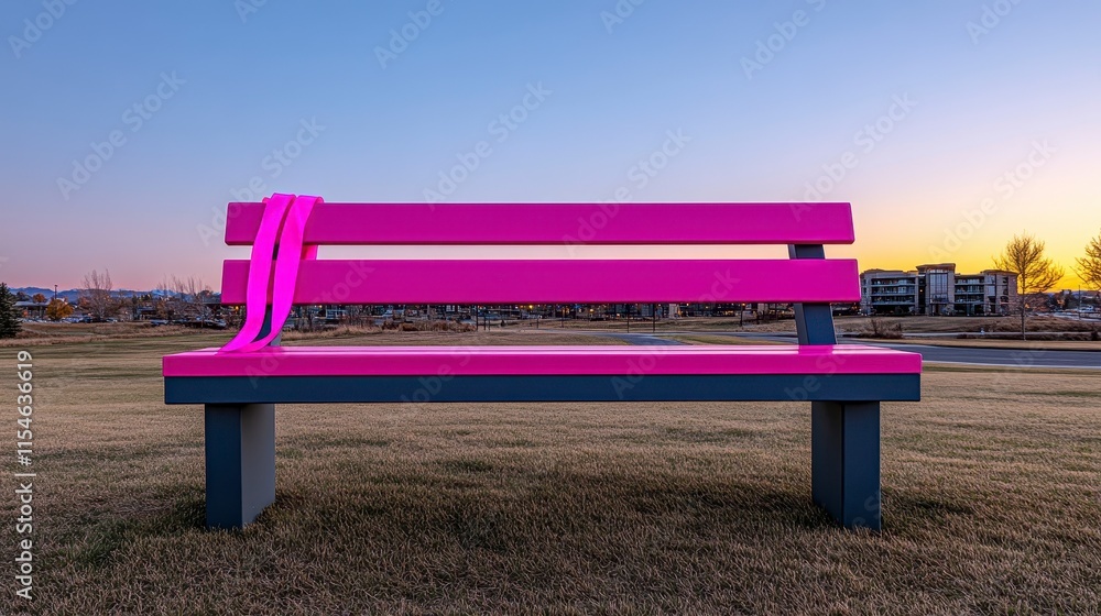 A vibrant pink bench in a serene park setting during sunset, inviting contemplation and relaxation in nature A vibrant pink bench in a serene park setting during sunset, inviting contemplation and relaxation in nature