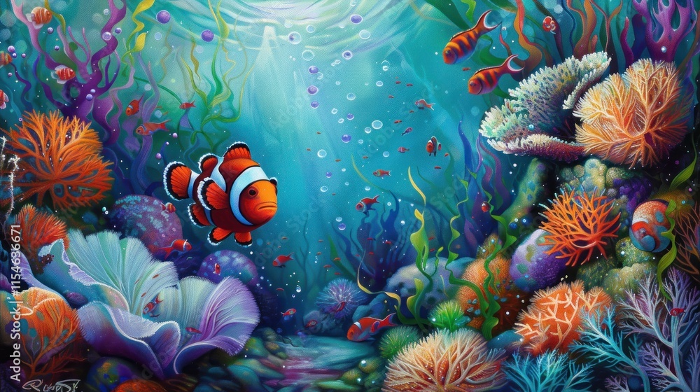 Obraz premium Vibrant underwater scene with clownfish, coral, and fish.