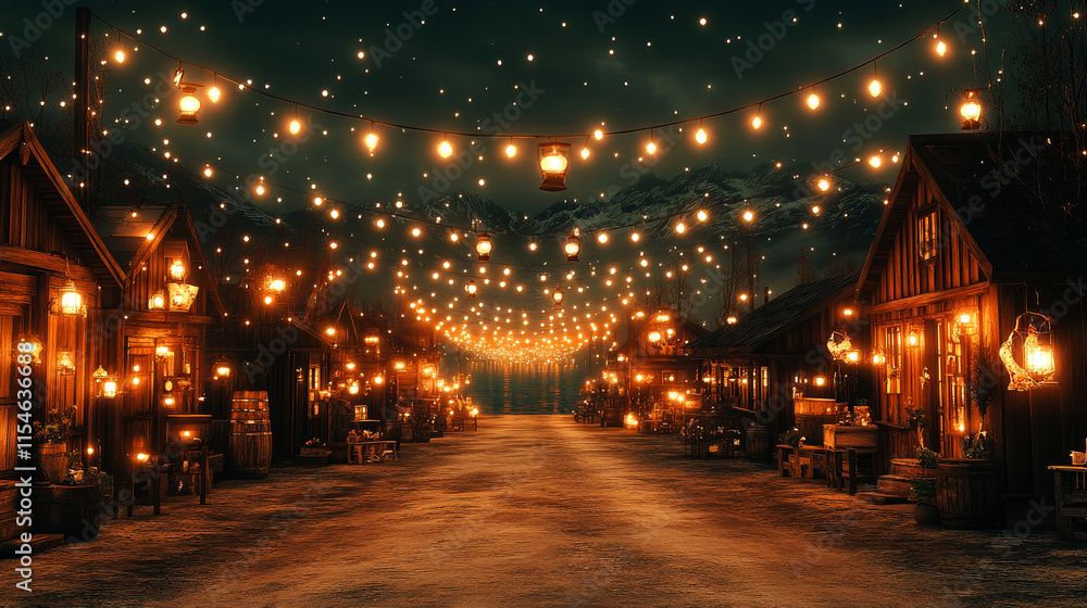 Night scene of a charming village street illuminated by warm lights. Night scene of a charming village street illuminated by warm lights.