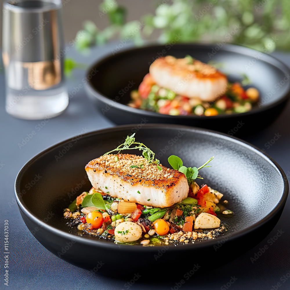 Delicious plated dish featuring grilled fish atop a colorful vegetable medley on a dark background Delicious plated dish featuring grilled fish atop a colorful vegetable medley on a dark background