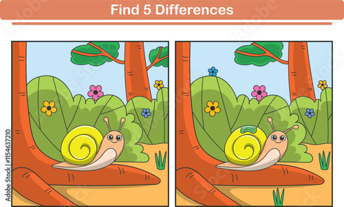 Funny cartoon snail. Find 5 differences. Kids Education games. Cartoon vector illustration