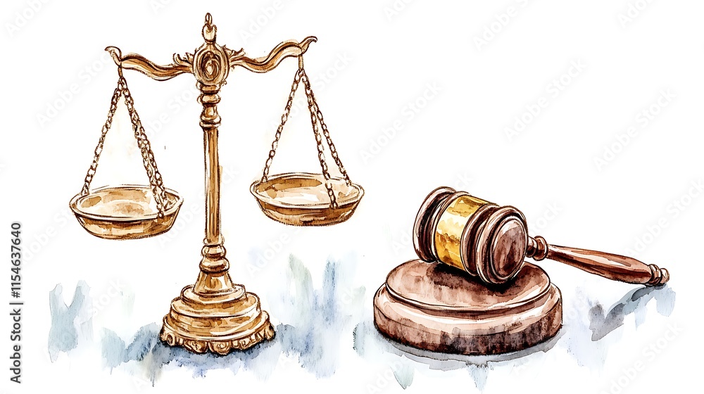 Watercolor painting of scales and gavel. Watercolor painting of scales and gavel.