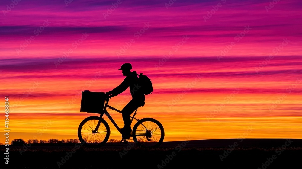 Obraz premium Silhouette of a cyclist against a breathtaking sunset sky, emphasizing the freedom of outdoor adventures and sustainable travel.