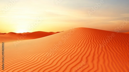 Expansive golden sand dunes under a serene sunset sky, showcasing undulating patterns and warm hues of the desert landscape