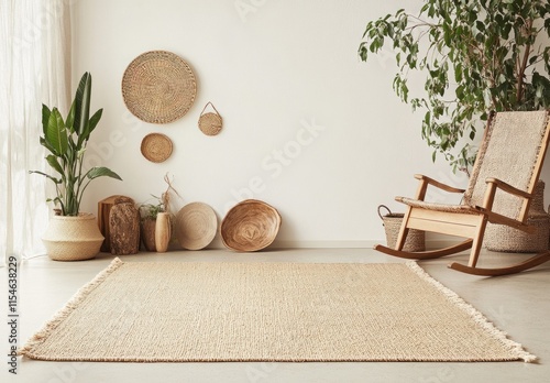 Minimalist living room with jute rug, rocking chair, and woven wall decor. photo