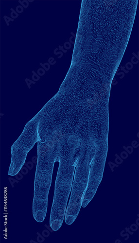 Hand is shown in a blue color with a lot of dots. The hand is shown in a very detailed manner, with each dot representing a part of the hand. The image has a futuristic and abstract feel to it