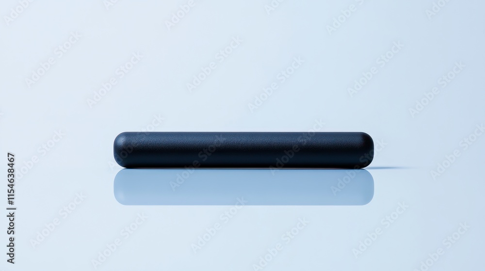 Sleek black cylinder on a reflective surface with a minimalistic design against a soft blue backdrop Sleek black cylinder on a reflective surface with a minimalistic design against a soft blue backdrop