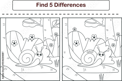 Funny cartoon snail. Find 5 differences. Kids Education games. Cartoon vector illustration