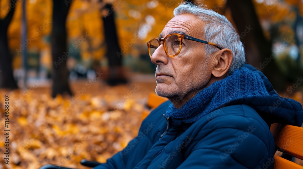 Contemplative elderly man sitting on a park bench surrounded by golden autumn leaves Contemplative elderly man sitting on a park bench surrounded by golden autumn leaves