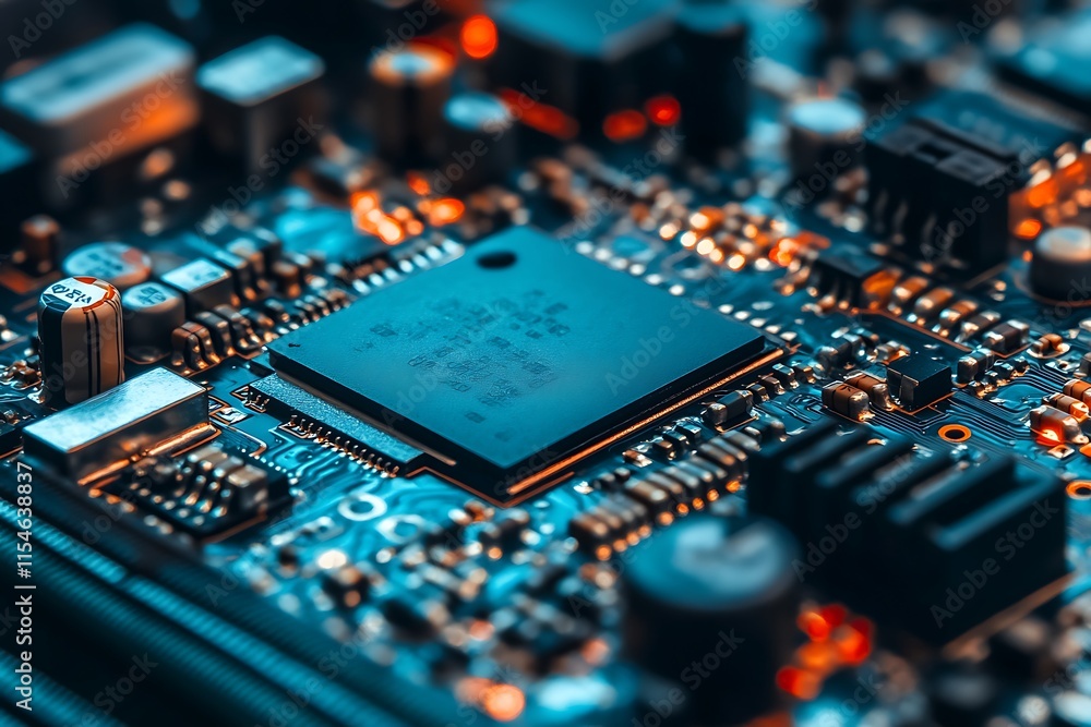 Fototapeta premium Close up of a circuit board with a processor. Concept of technology, electronics, and innovation.