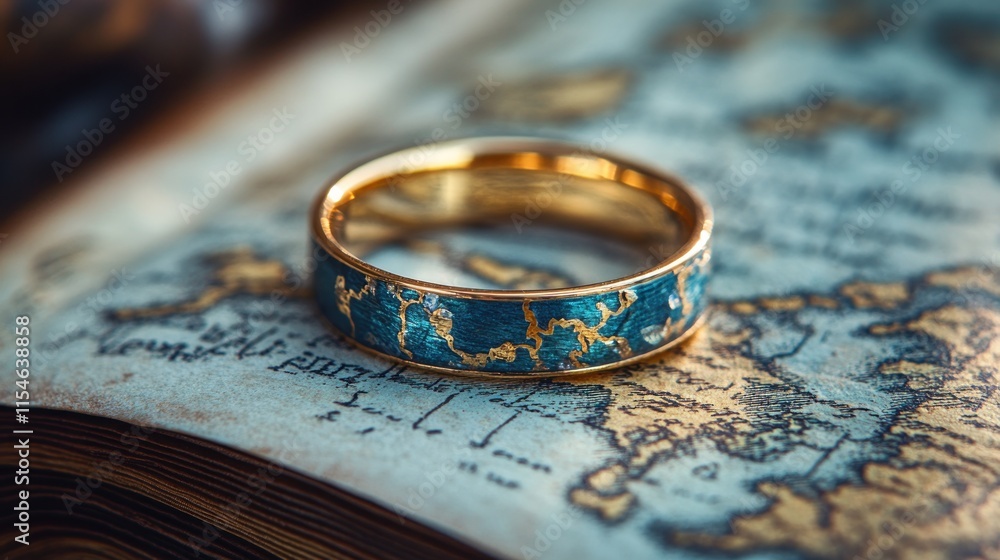 A decorative ring rests on an antique map, symbolizing exploration and adventure. A decorative ring rests on an antique map, symbolizing exploration and adventure.